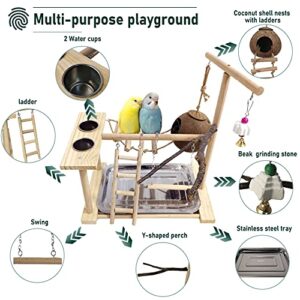 Hamiledyi Bird Playground for Conures Parrot Playstand Cockatiel Play Stand Wood Perch Gym Playpen Ladder Swing Chew Toy with Feeder Cups for Lovebirds Parakeet Cage Accessories Exercise Platform