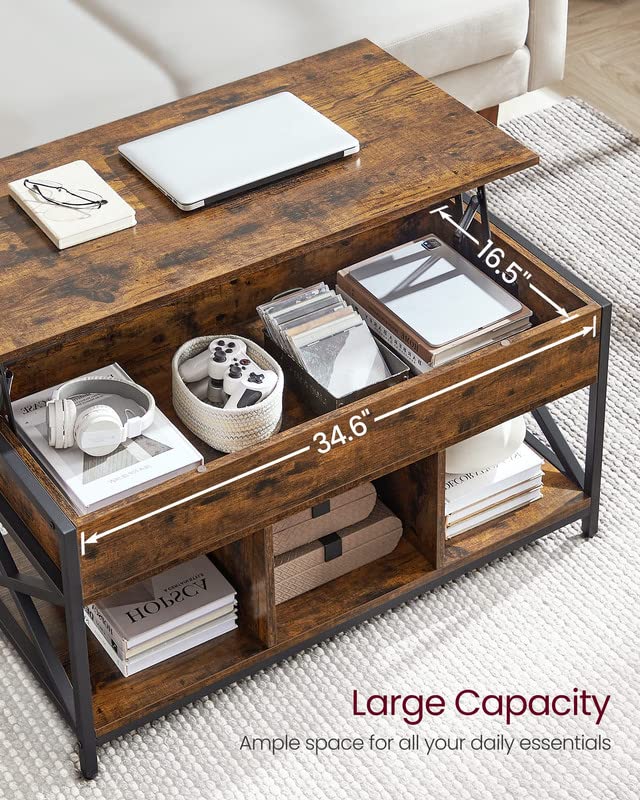 VASAGLE Lift Top Coffee Table for Living Room, Industrial Coffee Table with Hidden Compartments and Storage Shelf, Steel Frame, Rustic Brown and Black