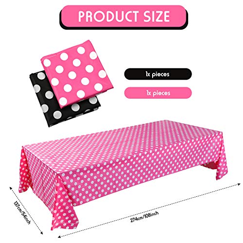 2 Pieces Polka Dot Tablecloth Polka Dot Plastic Tablecloth White Polka Dot Plastic Tablecloth 54 x 108 Inches Polka Dot Table Cover for Party Decorations (Pink and Black Background)