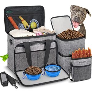 6 set dog travel bag, large pet travel kit for supplies includes 2 food containers, 1 travel organizer for dogs, 2 collapsible bowls, 1 treat pouch, dog weekend overnight travel bags luggage, grey