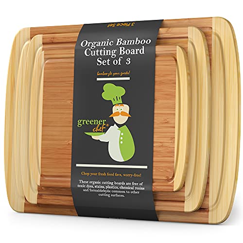 Wood Bamboo Cutting Board - Set of 3 - and Food Grade Oil Spray by Greener Chef