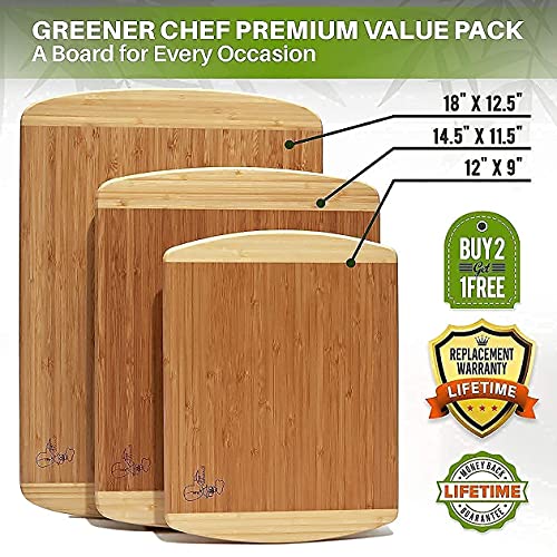 Wood Bamboo Cutting Board - Set of 3 - and Food Grade Oil Spray by Greener Chef