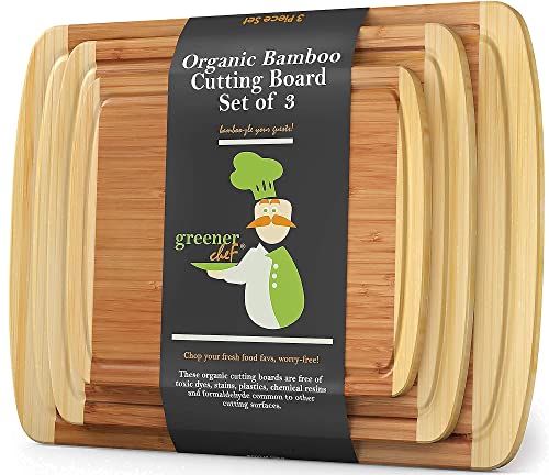 Wood Bamboo Cutting Board - Set of 3 - and Food Grade Oil Spray by Greener Chef