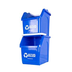 recycling rules! 6 gallon stackable recycling bin container in blue, eco-friendly bpa-free handy recycler with handle, 2-pack