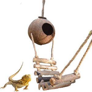 xxywjf gecko coco den with ladder，cave habitat with hanging loop，mini condo for lizards， raw coconut husk hide with ladder，gecko coco den,5.1 inches with 2.3inches opening diameter