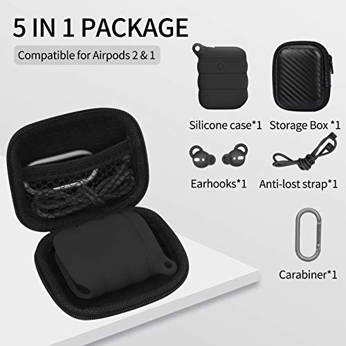 WWW Protective Case Designed for Apple AirPods 2 & 1 , 5 in 1 Accessories Set Silicone Cover for AirPods 2 and 1 Charging Case with AirPods Covers/Anti-Lost Lanyards/Keychain/Carrying Box Black