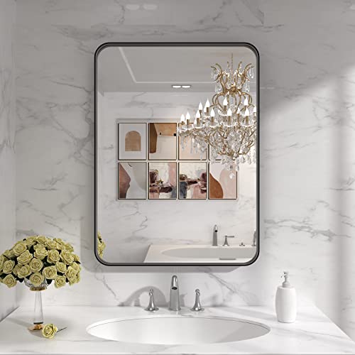 LOAAO Black Metal Framed Bathroom Mirror for Wall, 22X30 Inch Rounded ...