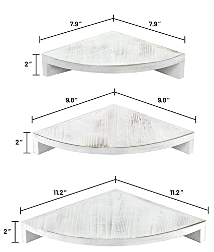 SOLLASI Rustic White Floating Corner Shelves Set of 3, Farmhouse Wooden Corner Wall Shelf, Kitchen Storage Shelf Wall Mount, Hanging Wall Decor Corner Shelf for Bedroom, Living Room, Bathroom, Office