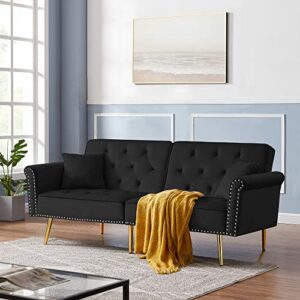 zushule futon sofa bed -velvet tufted convertible couch with 2 pillows, nailhead trim, and metal legs- - small sofabed for bedroom, living room, apartment - black with gold detail