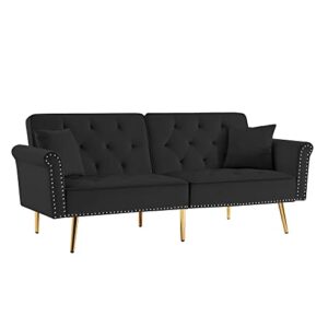 Zushule Futon Sofa Bed -Velvet Tufted Convertible Couch with 2 Pillows, Nailhead Trim, and Metal Legs- - Small Sofabed for Bedroom, Living Room, Apartment - Black with Gold Detail