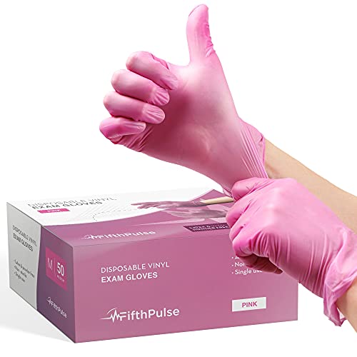 Pink Vinyl Disposable Gloves Medium 50 Pack - Latex Free, Powder Free Medical Exam Gloves - Surgical, Home, Cleaning, and Food Gloves - 3 Mil Thickness