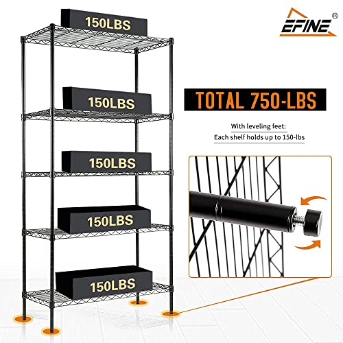 EFINE 2-Pack 5-Shelf Shelving Unit, Adjustable, Heavy Duty Carbon Steel Wire Shelves, 150lbs Loading Capacity Per Shelf, Units and Storage for Kitchen Garage (30W x 14D 60H) Black, S200-5X2