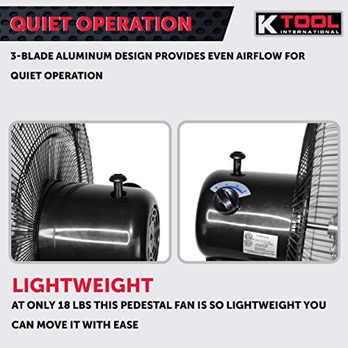 K Tool International 77733; 18 Inch Pedestal Fan; For Commercial and Residential Use, 3 Speed Motor, Wide Fan Blades Designed for Quiet Operation, Adjustable Height Pedestal, 1,810 Max CFM, Black