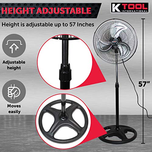 K Tool International 77733; 18 Inch Pedestal Fan; For Commercial and Residential Use, 3 Speed Motor, Wide Fan Blades Designed for Quiet Operation, Adjustable Height Pedestal, 1,810 Max CFM, Black