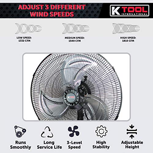 K Tool International 77733; 18 Inch Pedestal Fan; For Commercial and Residential Use, 3 Speed Motor, Wide Fan Blades Designed for Quiet Operation, Adjustable Height Pedestal, 1,810 Max CFM, Black