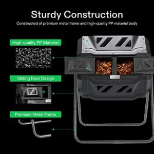 VIVOSUN Tumbling Composter Dual Rotating Batch Compost Bin with 5-Pack 5 Gallon Grow Bags, 43 Gallon Black Composter, Heavy Duty 300G Thickened Nonwoven Plant Fabric Pots