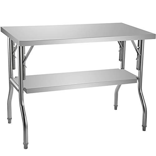 VEVOR 48x30 Inch Commercial Prep, Double-Shelf Folding Work Table with 772 lbs Load Silver Stainless Steel Kitchen Island, 30 x 48 Inch