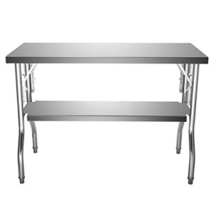 VEVOR 48x30 Inch Commercial Prep, Double-Shelf Folding Work Table with 772 lbs Load Silver Stainless Steel Kitchen Island, 30 x 48 Inch