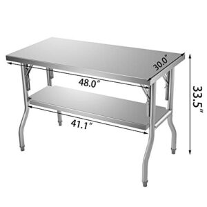 VEVOR 48x30 Inch Commercial Prep, Double-Shelf Folding Work Table with 772 lbs Load Silver Stainless Steel Kitchen Island, 30 x 48 Inch