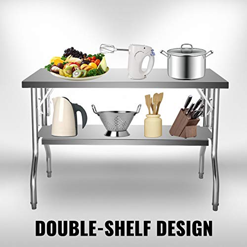 VEVOR 48x30 Inch Commercial Prep, Double-Shelf Folding Work Table with 772 lbs Load Silver Stainless Steel Kitchen Island, 30 x 48 Inch