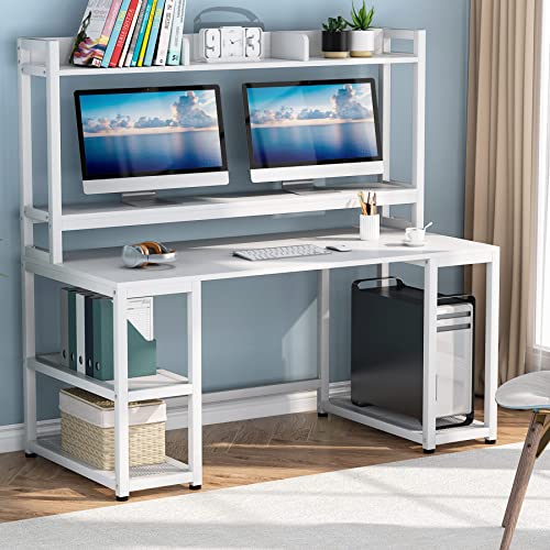 Tribesigns 55 Inches Computer Desk with Hutch and Monitor Stand Riser, Rustic Industrial Desk Computer Table Studying Writing Desk Workstation with Storage Shelves Bookshelf for Home Office (White)