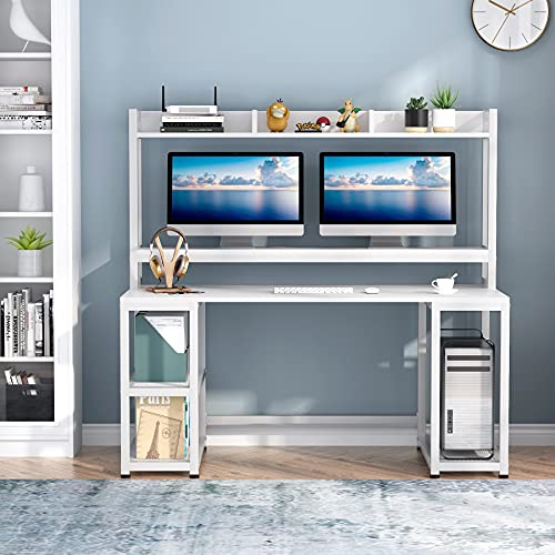 Tribesigns 55 Inches Computer Desk with Hutch and Monitor Stand Riser, Rustic Industrial Desk Computer Table Studying Writing Desk Workstation with Storage Shelves Bookshelf for Home Office (White)