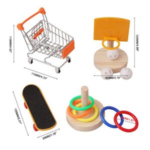 TangXSTAR 4 Pieces Bird Intelligence Toy Set Include Shopping Cart Basketball Stacking Ring Toy Skateboard Parrot Intelligence Bird Training Toy