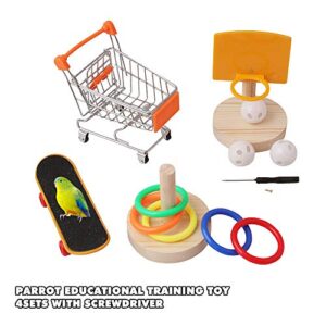 TangXSTAR 4 Pieces Bird Intelligence Toy Set Include Shopping Cart Basketball Stacking Ring Toy Skateboard Parrot Intelligence Bird Training Toy