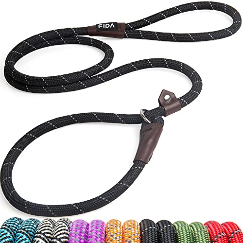 Fida Durable Slip Lead Dog Leash, 6 FT x 1/2" Heavy Duty Dog Loop Leash, Comfortable Strong Rope Slip Leash for Large, Medium Dogs, No Pull Pet Training Leash with Highly Reflective, Black