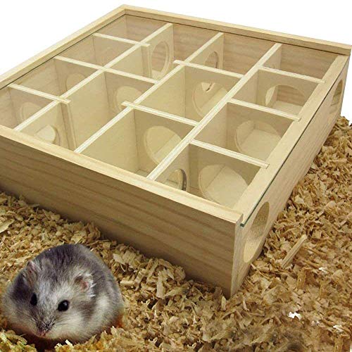 TangXSTAR Hamster Labyrinth Puzzle Toy Wooden Maze Tunnel Toy with Glass Cover for Small Hamster Mice Gerbils