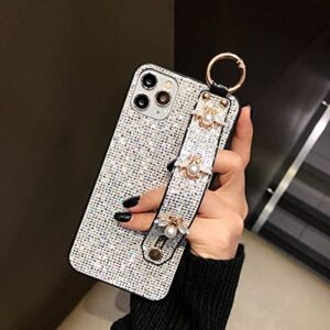 aowner compatible with iphone 12 pro max bling stand holder case luxury hand strap glitter sparkle diamond bee wrist bracket for woman girls protective cover case, 6.7 inch, silver