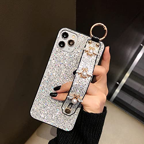 aowner Compatible with iPhone 12 Pro Max Bling Stand Holder Case Luxury Hand Strap Glitter Sparkle Diamond Bee Wrist Bracket for Woman Girls Protective Cover Case, 6.7 Inch, Silver