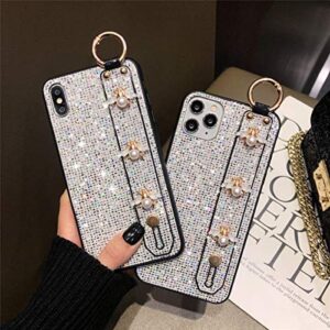 aowner Compatible with iPhone 12 Pro Max Bling Stand Holder Case Luxury Hand Strap Glitter Sparkle Diamond Bee Wrist Bracket for Woman Girls Protective Cover Case, 6.7 Inch, Silver