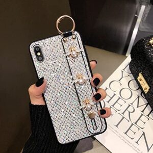 aowner Compatible with iPhone 12 Pro Max Bling Stand Holder Case Luxury Hand Strap Glitter Sparkle Diamond Bee Wrist Bracket for Woman Girls Protective Cover Case, 6.7 Inch, Silver