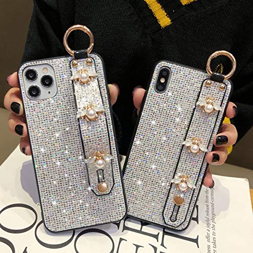 aowner Compatible with iPhone 12 Pro Max Bling Stand Holder Case Luxury Hand Strap Glitter Sparkle Diamond Bee Wrist Bracket for Woman Girls Protective Cover Case, 6.7 Inch, Silver