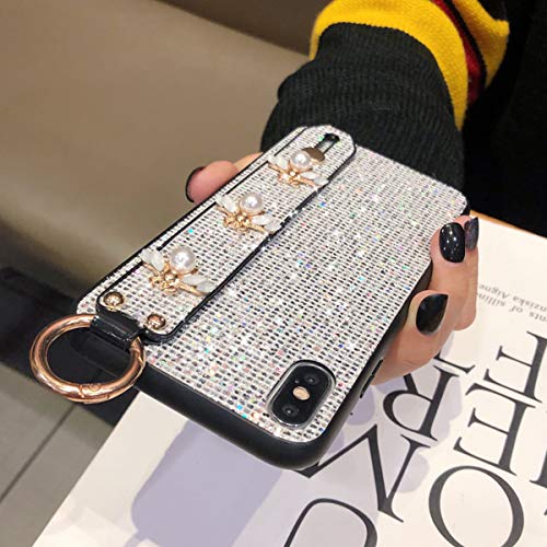 aowner Compatible with iPhone 12 Pro Max Bling Stand Holder Case Luxury Hand Strap Glitter Sparkle Diamond Bee Wrist Bracket for Woman Girls Protective Cover Case, 6.7 Inch, Silver