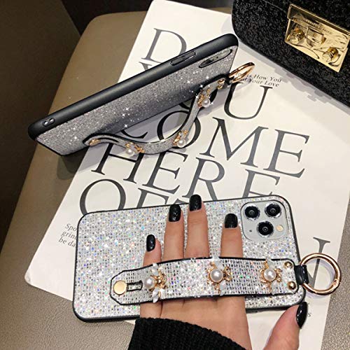 aowner Compatible with iPhone 12 Pro Max Bling Stand Holder Case Luxury Hand Strap Glitter Sparkle Diamond Bee Wrist Bracket for Woman Girls Protective Cover Case, 6.7 Inch, Silver