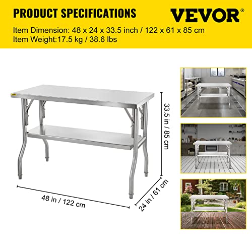 VEVOR Commercial Worktable Workstation 48 x 24 Inch Folding Commercial Prep Table, Heavy-duty Stainless Steel Folding Table with 772 lbs Load, Kitchen Work Table, Silver Stainless Steel Kitchen Island