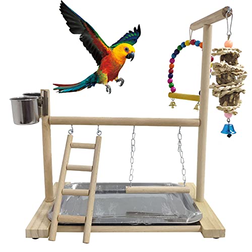 Hamiledyi Bird Playground Parrots Play Stand Natural Wooden Parrot Perch Gym Playpen Pet Parakeet Ladders with Feeder Cups for Cockatoo Conure Cockatiel Cage Accessories Exercise Toy (Include a Tray)