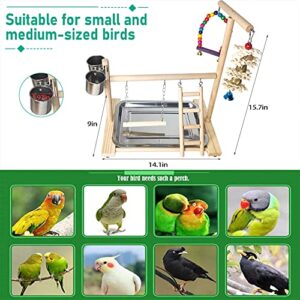 Hamiledyi Bird Playground Parrots Play Stand Natural Wooden Parrot Perch Gym Playpen Pet Parakeet Ladders with Feeder Cups for Cockatoo Conure Cockatiel Cage Accessories Exercise Toy (Include a Tray)