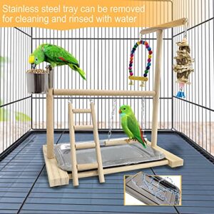 Hamiledyi Bird Playground Parrots Play Stand Natural Wooden Parrot Perch Gym Playpen Pet Parakeet Ladders with Feeder Cups for Cockatoo Conure Cockatiel Cage Accessories Exercise Toy (Include a Tray)