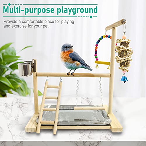 Hamiledyi Bird Playground Parrots Play Stand Natural Wooden Parrot Perch Gym Playpen Pet Parakeet Ladders with Feeder Cups for Cockatoo Conure Cockatiel Cage Accessories Exercise Toy (Include a Tray)