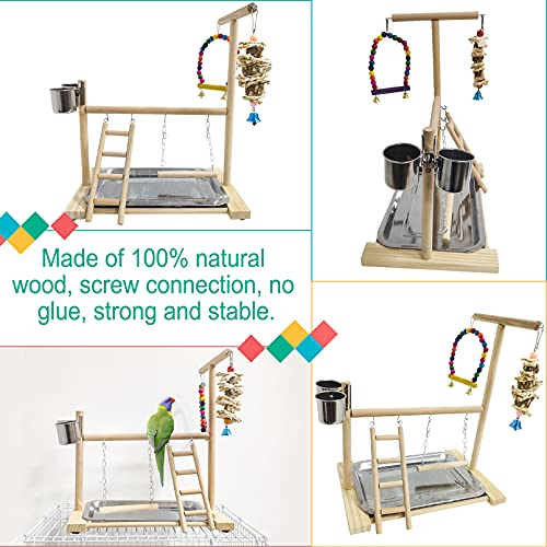 Hamiledyi Bird Playground Parrots Play Stand Natural Wooden Parrot Perch Gym Playpen Pet Parakeet Ladders with Feeder Cups for Cockatoo Conure Cockatiel Cage Accessories Exercise Toy (Include a Tray)