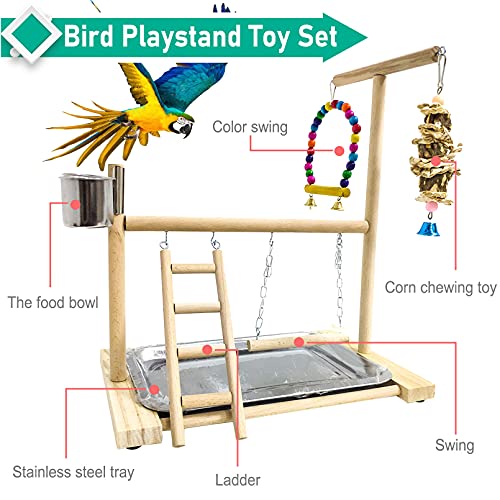 Hamiledyi Bird Playground Parrots Play Stand Natural Wooden Parrot Perch Gym Playpen Pet Parakeet Ladders with Feeder Cups for Cockatoo Conure Cockatiel Cage Accessories Exercise Toy (Include a Tray)