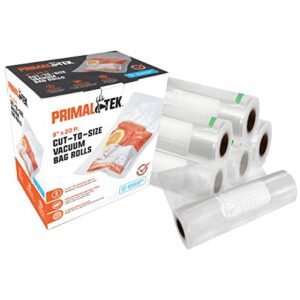 primaltek 8” x 20’ cut-to-size vacuum bag rolls — 6 rolls included, user friendly for food preservation — microwave, freezer and boil safe, bpa-free, compatible with most vacuum sealer machines