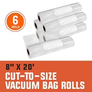 PrimalTek 8” x 20’ Cut-to-Size Vacuum Bag Rolls — 6 Rolls Included, User Friendly for Food Preservation — Microwave, Freezer and Boil Safe, BPA-Free, Compatible with Most Vacuum Sealer Machines