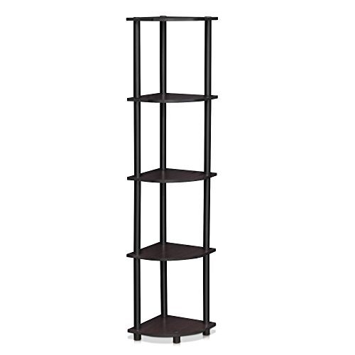 Furinno Turn-N-Tube 5 Tier Corner Display Rack Multipurpose Shelving Unit, 1-Pack, Dark Walnut & Turn-N-Tube 4-Tier Multipurpose Shelf Display Rack, Round Tubes, Dark Walnut