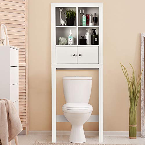 Giantex Over The Toilet Storage Cabinet Shelf, Toilet Shelf Organizer Cabinet Toilet Storage Rack w/ 4 Open Cubes Adjustable Shelves & Double-Door Cabinet, Bathroom Organizer Over Toilet, White