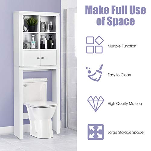 Giantex Over The Toilet Storage Cabinet Shelf, Toilet Shelf Organizer Cabinet Toilet Storage Rack w/ 4 Open Cubes Adjustable Shelves & Double-Door Cabinet, Bathroom Organizer Over Toilet, White