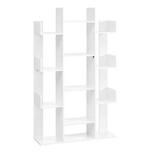 vasagle bookshelf, tree-shaped bookcase with 13 storage shelves, rounded corners, 9.8”d x 33.9”w x 55.1”h, white ulbc067w01